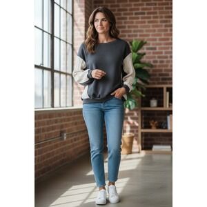 SHEIN CURVE Women's Gray Crew Neck Long Sleeve Color Block Sweater 0XL